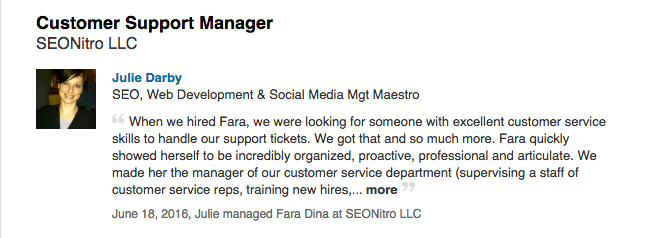 SEONitro Customer Support Manager Recommendation on LinkedIn